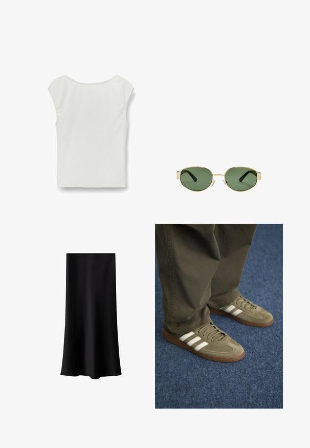Weißes, kurzärmliges Oberteil aus strukturiertem Stoff. Mit rundem Ausschnitt und lässiger Passform, hat es eine glatte Oberflächenstruktur und keine sichtbaren Beschläge.; Schwarze Midischürze aus glattem, leichtem Stoff. Sie hat einen geraden Schnitt, keine sichtbaren Beschläge und ein schlichtes Design ohne Muster.; Grüne Wildledersneaker mit drei weißen Streifen, brauner Gummisohle und strukturierten Schnürsenkeln, kombiniert mit olivgrünen Hosen auf einem blauen Teppich.; Sonnenbrille mit goldfarbenem Metallrahmen, grünen getönten Gläsern, ovaler Form, schwarzen Bügeln und klaren Nasenpads. Sauberes, minimalistisches Design.; Olivgrüne Tragetasche mit zwei Griffen, glatter Textur und metallischem Logo-Element. Runde Form mit Seitenpanels; kombiniert mit blauen Hosen.