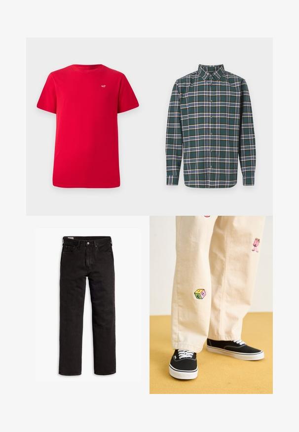 Rød bomulls t-skjorte med korte ermer og rund hals. Har en liten hvit logo på venstre brystområde. Enkel design.; Grønn flanellskjorte med rutete mønster som har blå, hvite og sennepsgule linjer. Knapper foran og spiss krage. Lange ermer.; Svarte rette dongeribukser med fem lommer, knappefeste og beltehemper, lagt flatt på en hvit bakgrunn.; Beige bomullsbukser med lekne broderte design, inkludert en rosa karakter og fargede blokker, kombinert med svarte snørebåndssko.