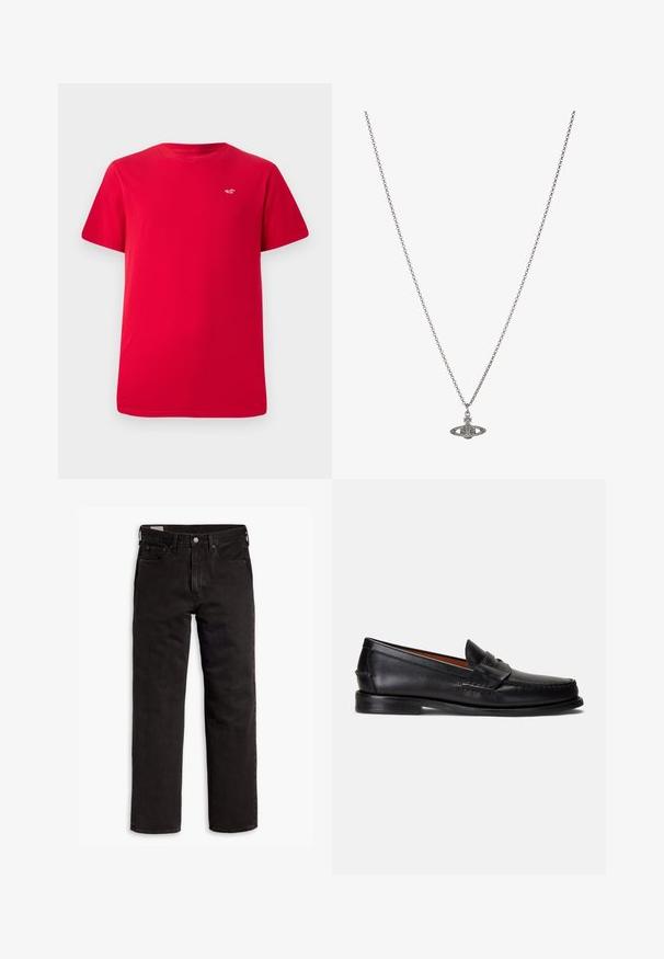 Červené bavlněné tričko s krátkými rukávy a kulatým výstřihem. Na levé straně hrudi je malé bílé logo. Jednoduchý design.; Černé džíny rovného střihu s pěti kapsami, zapínáním na knoflík a poutky na opasek, položené na bílém pozadí.; Černé kožené mokasíny s hladkým povrchem, zaoblenou špičkou a ozdobným páskem přes horní část. Mají nízkou černou podrážku.; Stříbrný řetízek s detailním přívěskem ve tvaru planety, zdobený malými akcenty a složitými vzory.