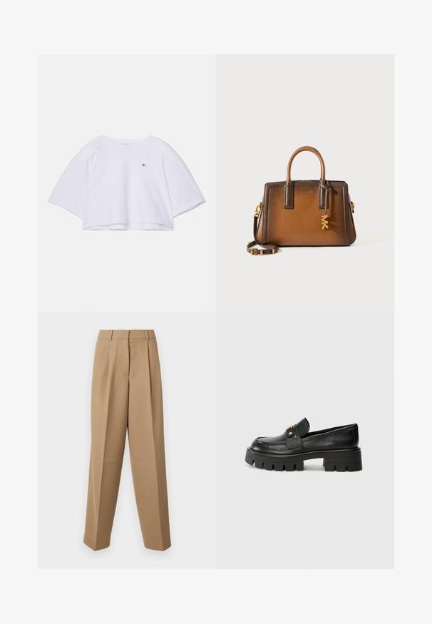 Hvit kort sweatshirt med vide, korte ermer, rund hals og en liten gulllogo på brystet. Laget av myk stoff.; Beige skræddersyede bukser med høj talje, plisseret front og brede ben. Stof virker glat med en let glans.; Sorte skinnloafers med en kraftig såle, med en gulltoneakcent foran og en jevn finish. Kraftig mønsterdesign på sålen.; Brun lærveske med dobbel topphåndtak, avtakbar skulderstropp, gullfarget hardware og en dekorativ anheng med bokstavene "MK."
