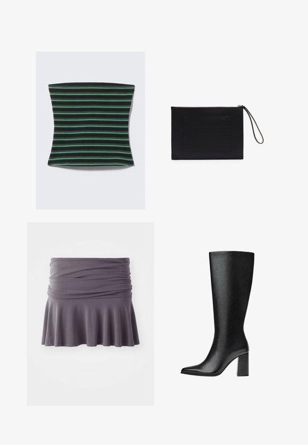 Černý a zelený pruhovaný textilní předmět s jemnou texturou. Pruhy jsou různých šířek, což vytváří vizuálně dynamický vzor.; Šedá sukně po kolena vyrobená z měkké tkaniny se shromážděným pasem a rozšířeným spodním okrajem. Vyznačuje se hladkou texturou a jednoduchým designem.; Černé kozačky nad kolena vyrobené z umělé kůže s špičatou špičkou, hladkým povrchem a robustním blokovým podpatkem. Minimalistický design bez viditelných dekorací.; Černá psaníková taška vyrobená z texturované tkaniny s obdélníkovým tvarem, vybavená zipovým uzávěrem a zápěstním popruhem. Obsahuje přední kapsu.