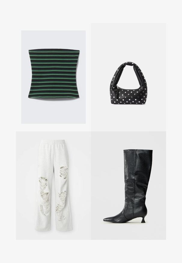 Zwarte en groene gestreepte stof met een zachte textuur. De strepen hebben verschillende breedtes, wat een visueel dynamisch patroon creëert.; Lichtgrijze sweatpants met een losse pasvorm, voorzien van meerdere versleten patches, een zachte textuur en een elastische tailleband.; Kniehoge zwarte faux leren laarzen met een glanzende krokodillenstructuur, spitse neus en een slanke, hoekige hak. Klassiek ontwerp en elegante silhouet.; Zwarte leren handtas met een gebogen handvat, voorzien van zilveren stippenversieringen en een ritsluiting aan de zijkant.