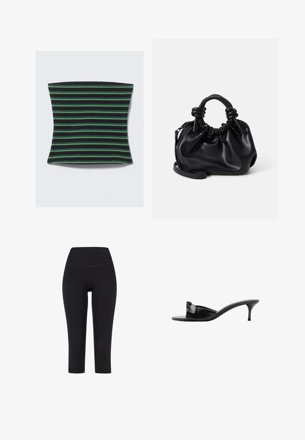 Sort og grøn stribet stof med en blød tekstur. Striberne er i forskellige bredder, hvilket skaber et visuelt dynamisk mønster.; Sorte capri leggings lavet af strækbart stof, med en høj talje og uden synlige mønstre eller hardware.; Sorte læder slip-on mules med en sløjfe accent, åben tå og en slank høj hæl. Glat tekstur og minimalistisk design.; Sort læder håndtaske med en sammensamlet design, korte, rundede håndtag og en aftagelig skulderrem. Glat tekstur med en blød silhuet.