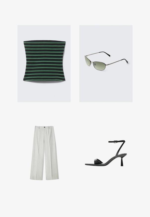 Black and green striped fabric item with a soft texture. The stripes are in various widths, creating a visually dynamic pattern.; Light gray wide-leg trousers made of a textured fabric, featuring a button closure and two pleats at the front for added detail.; Bershka High heeled sandals - black; Metal sunglasses with elongated green lenses, slim silver frame, and black temple tips. Features small nose pads for comfort.