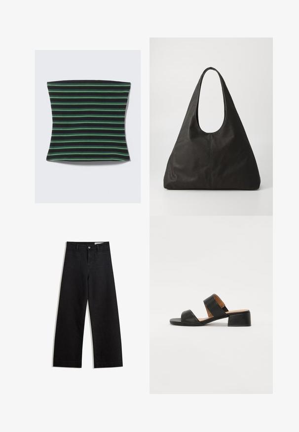 Fekete és zöld csíkos anyag, puha textúrával. A csíkok különböző szélességűek, ezáltal vizuálisan dinamikus mintát alkotnak.; Fekete, bő szabású farmernadrág magas derékkal, elülső és hátsó zsebekkel, varrott felületekkel és gombos záródással. Sima textúra.; Fekete bőr szandál, két széles pánttal a lábfej fölött, négyzet alakú orral és alacsony blokksarkal. Simás textúra és minimalista dizájn.; Fekete bőr válltáska ívelt fogantyúval, hosszúkás háromszög alakú és sima tapintású. Jellemző rá a minimalista dizájn, melyen nincsenek látható fémrészek.