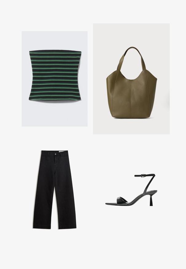 Black and green striped fabric item with a soft texture. The stripes are in various widths, creating a visually dynamic pattern.; Black wide-leg denim pants with a high waist, featuring front and back pockets, stitched seams, and a button closure. Smooth texture.; Bershka High heeled sandals - black; Olive green leather tote bag with dual straps, smooth texture, and four panel design. Reinforced stitching along seams for durability.
