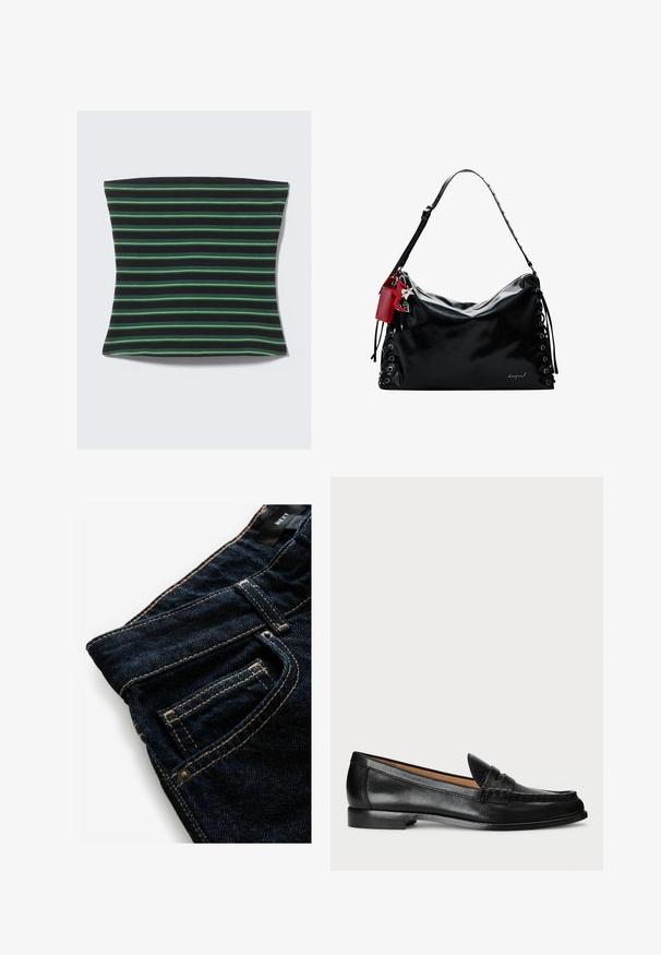 Schwarzer und grüner gestreifter Stoff mit einer weichen Textur. Die Streifen haben unterschiedliche Breiten, was ein visuell dynamisches Muster erzeugt.; Dunkelblaue Jeans aus Denim mit kontrastierenden orangefarbenen Nähten, ausgestattet mit einer Vordertasche, Nieten und einer glatten Textur.; Lauren Ralph Lauren WYNNIE - Slipper - black; Schwarze Lederhandtasche mit einem lässigen Design, Schnürdetails an den Seiten und einem roten Akzent-Tag. Verfügt über einen langen, verstellbaren Trageriemen.