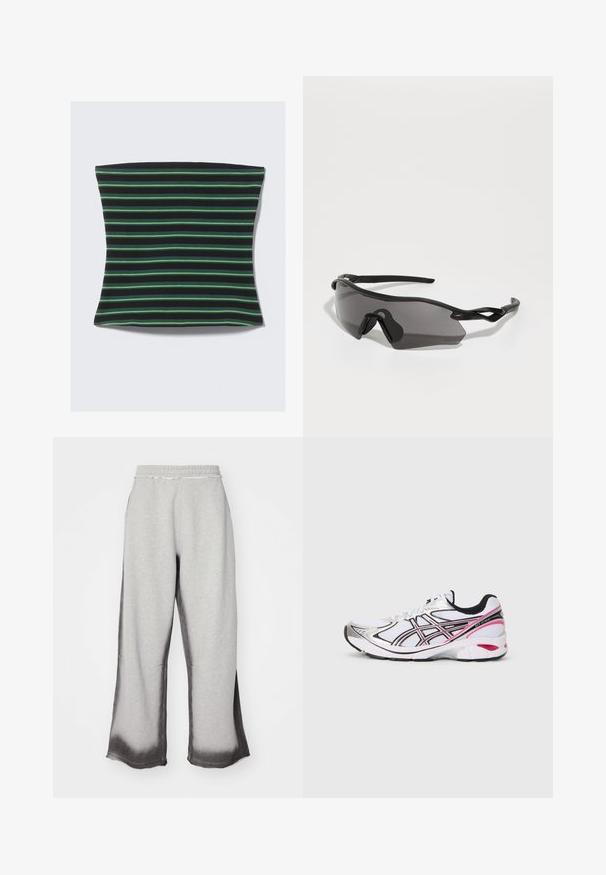 Black and green striped fabric item with a soft texture. The stripes are in various widths, creating a visually dynamic pattern.; Gray sweatpants with a textured finish, featuring a gradual dark gray fade at the hem, elastic waistband, and wide-leg cut.; White athletic shoe with black and pink accents, mesh upper, padded collar, and a textured sole for grip. Features reflective detailing.; Sports sunglasses with a full wrap-around black plastic frame, dark tinted lenses, and distinctive angular design. Flexible ear arms for comfort.