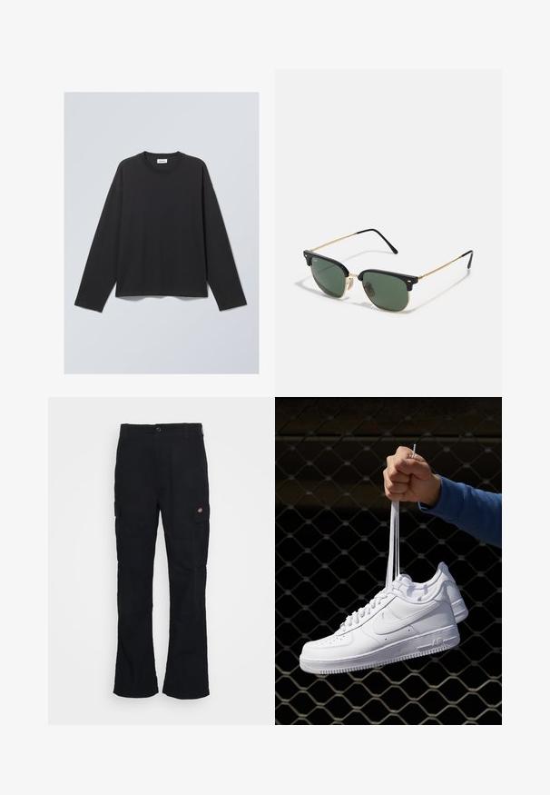 Svart langermet T-skjorte laget av myk stoff. Har rund hals og avslappet passform. Sømdetaljer på skuldrene, minimalistisk design.; Svarte cargo bukser med rett ben-design, laget av slitesterk stoff, med sidelommer og et patch-logo på venstre side.; Hvite skinnsneakers med perforeringer, rund tå, flat såle og tykke lisser, med en synlig swoosh-logo og "AIR" på hælen.; Solbriller med grønne linser, svart plast overramme, gullfargede metall detaljer, og slanke svarte stenger. Har et karakteristisk brodesign.