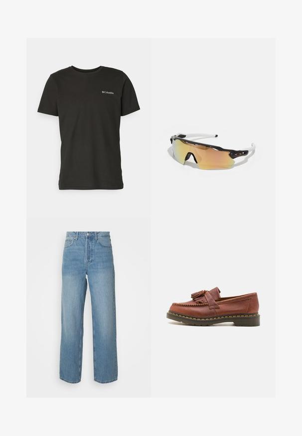 Columbia RAPID RIDGE™ BACK GRAPHIC TEE - Triko s potiskem - black; Světle modré džíny s vysokým pasem, rovnými nohavicemi, předním zapínáním na knoflík a pěti kapsami na jednobarevném pozadí.; Hnědá kožená mokasína s třásňovými akcenty, texturovaným povrchem a kontrastním žlutým prošíváním podél černé gumové podrážky. Boční pohled.; Sluneční brýle s černobílým rámem, velkými zrcadlovými čočkami ve zlatých a růžových odstínech, aerodynamický design a prodloužený vnější okraj.