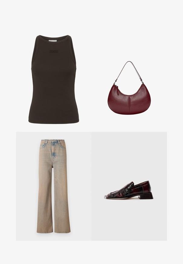 Barna bordázott ujjatlan trikó magas nyakrésszel, amelyen diszkrét logó található a mellkas területén. Rugalmas anyagból készült.; Fényes mosású, magas derekú, bő szárú farmernadrág. Finom varrásokkal és öt zsebbel rendelkezik, enyhén elhalványult textúrával.; Sötét bordó lakkbőr loafer, texturált felülettel, alacsony tömbsarkú, klasszikus pénztárca részlettel, oldalnézetből.; Burgundi bőr kézitáska ívelt formával. Egyetlen vállpánttal és felső cipzárral rendelkezik, sima, textúrás felülettel.