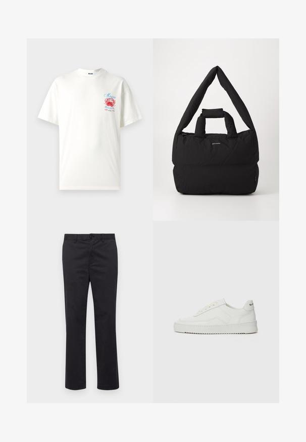 MSGM Apdrukāts T-krekls - off white; Melnas kokvilnas bikses ar taisnu kāju dizainu, ar pogu aizdari un josta cilpiņām. Gluda tekstūra, bez redzamām rakstu vai akcentu detaļām.; Baltas ādas sneakers ar gludu virsmu, apaļu pirkstu daļu, plakaniem šņorēm un teksturētu zoli. Satur diskrētu logotipu uz papēža.; Melnā mīkstā soma ar plata, mīksta pleca siksnu un augšējo rokturi. Aprīkota ar rāvējslēdzēja aizdari un diskrētu logotipu priekšpusē.