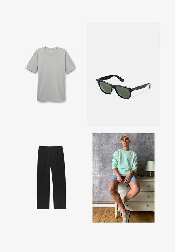 Ljusgrå bomullströja med rund halsringning, korta ärmar och en avslappnad passform. Slät textur utan synliga mönster eller dekorationer.; Svarta byxor med rak ben-design, tillverkade av ett jämnt tyg. Har framfickor och en enkel knapplåsning i midjan.; Mintgrön sweatshirt, denimshorts och olivgröna slip-ons. Sitter på en ljus byrå mot en strukturerad grå vägg.; Svarta plastsolglasögon med gröna linser, fyrkantiga bågar, silverdetalj på ögonbrynet och texturerade skalmar. Angiven märkning på den inre skalmen.