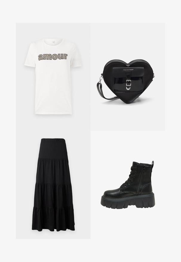 Biele bavlnené tričko s nápisom "amour" v dizajne leopardieho vzoru. Krátke rukávy a okrúhly výstrih. Ľahké a voľné strih.; Čierna maxi sukňa vyrobená z jemnej látky, s vrstveným dizajnom, elastickým pásom a volánmi na leme.; Čierna kožená členková čižma s hrubou platformou, ktorá má šnurovanie v prednej časti a bočný zips pre jednoduché obúvanie. Štruktúrované detaily pozdĺž podrážky.; Čierna taška v tvare srdca vyrobená z lakovanej kože má predné vrecko so zapínaním na pracku a odnímateľný popruh. Strieborné kovanie.