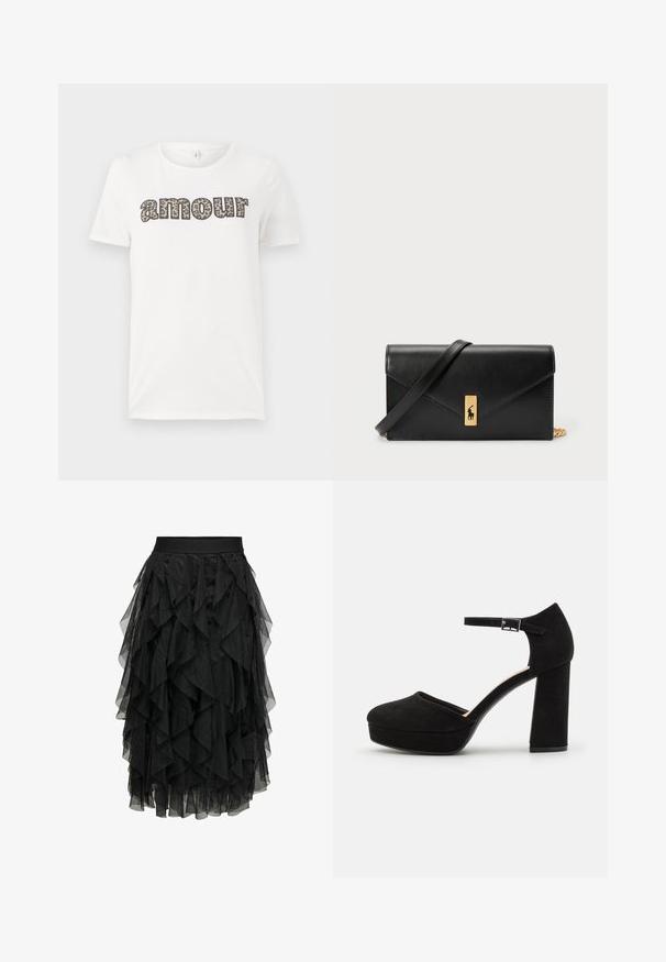 Fehér pamut póló, melyen "amour" felirat található leopárdmintás dizájnban. Rövid ujjak és kerek nyakkivágás. Könnyű és lezser fazon.; Fekete midi szoknya réteges tüllből, fodros designnal. Rugalmas derekú. Átlátszó anyaga textúrát és mozgást kölcsönöz.; Fekete velúr platform sarkú cipők vastag, blokksarkúval, lekerekített orral és fémcsattal rögzített bokapánttal. Simább textúrájú egész terjedelemben.; Fekete bőr pénztárca hajtható fedéllel, aranyszínű kiegészítőkkel, logóval díszítve. Levehető pánttal a könnyű hordozás érdekében.
