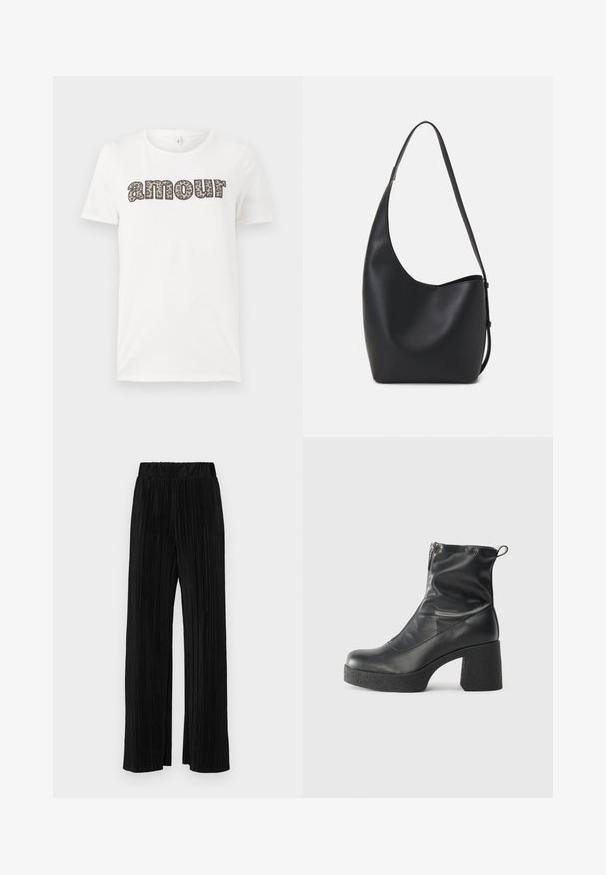 T-shirt de algodão branco com a palavra "amour" em design de padrão de leopardo. Mangas curtas e decote redondo. Ajuste leve e casual.; Calças pregueadas pretas com uma cintura elástica. Apresentam pernas largas e um tecido liso, texturizado com riscas verticais.; Botas de tornozelo pretas feitas de couro liso, com fecho lateral, salto grosso texturizado e design de bico arredondado.; Saco hobo preto em pele com uma textura lisa, forma curva e uma única alça ajustável; apresenta uma abertura larga na parte de cima.