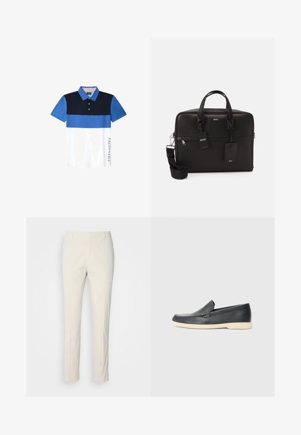 Korte mouw polo-shirt met een kleurblokontwerp in marineblauw, blauw en wit. Inclusief een kraag met knopen en een logo aan de zijkant.; Crème-kleurige op maat gemaakte broek van een textuurstof. Heeft een recht model, riemlussen en twee voorzakken. Geen patronen.; Zwarte leren instappers met een gestructureerde afwerking en een contrasterende beige rubberen zool. Beschikt over een subtiele accent langs de voorkant.; Zwarte laptoptas met een gestructureerd oppervlak, dubbele handvatten, een afneembare schouderriem en metalen hardware. Beschikt over twee labels en een gestructureerd ontwerp.