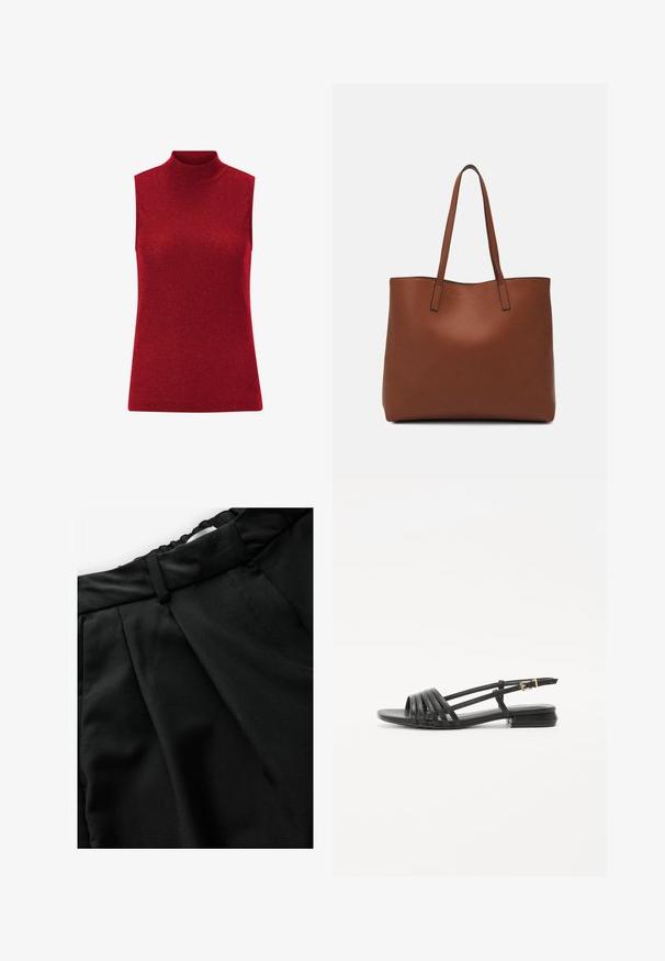 Červený top bez rukávov s vysokým golierom, vyrobený z pleteného materiálu s jemným leskom. Hladká textúra a priliehavý strih. Žiadne ďalšie ozdoby.; Čierne skladané nohavice z látky s hladkou textúrou, so priliehavým pásom a horizontálnym švom blízko vrchu.; Čierne ploché sandále so šnurovacím dizajnom, obsahujúce viaceré kožené pásiky a tenký remienok na členku. Podrážka je plochá a obdĺžniková.; Hnedá kožená taška na rameno s hladkou textúrou, otvoreným vrchom a dvoma ramenými popruhmi. Má minimálne šitia a žiadne viditeľné kovania.