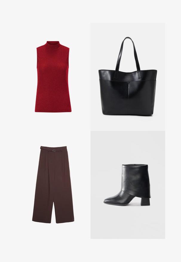 Top rosso senza maniche con collo alto, realizzato in tessuto a maglia con un leggero luccichio. Texture liscia e design aderente. Nessun ulteriore decoro.; Stradivarius WIDE-LEG WITH BUCKLE DETAIL - Pantaloni - dark brown; Stivale in pelle nera alla caviglia con punta affusolata, texture liscia e tacco a blocco strutturato. Presenta un design con risvolto alto.; Borsa a tracolla in pelle nera con due manici lunghi, una texture liscia e una forma strutturata. Presenta una tasca frontale per ulteriore spazio di archiviazione.