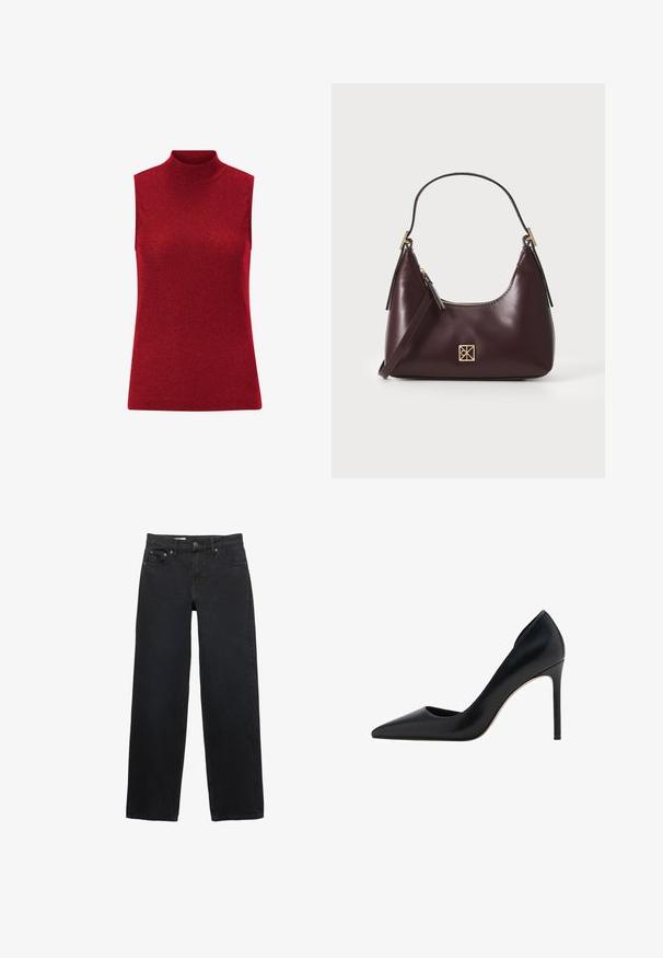 Czerwona podkoszulka bez rękawów z wysokim kołnierzem, wykonana z dzianiny o subtelnym połysku. Gładka tekstura i dopasowany krój. Bez dodatkowych ozdób.; Czarne szerokie dżinsy wykonane z denimu, z pięcioma kieszeniami, zapięciem na guzik, subtelnym przeszyciem oraz prostym krojem od talii do dołu.; Mango - Szpilki; Burgundowa skórzana torebka o zaokrąglonym kształcie, z złotymi akcentami na elementach metalowych oraz zamknięciem na zamek błyskawiczny. Posiada odpinany pasek na ramię.