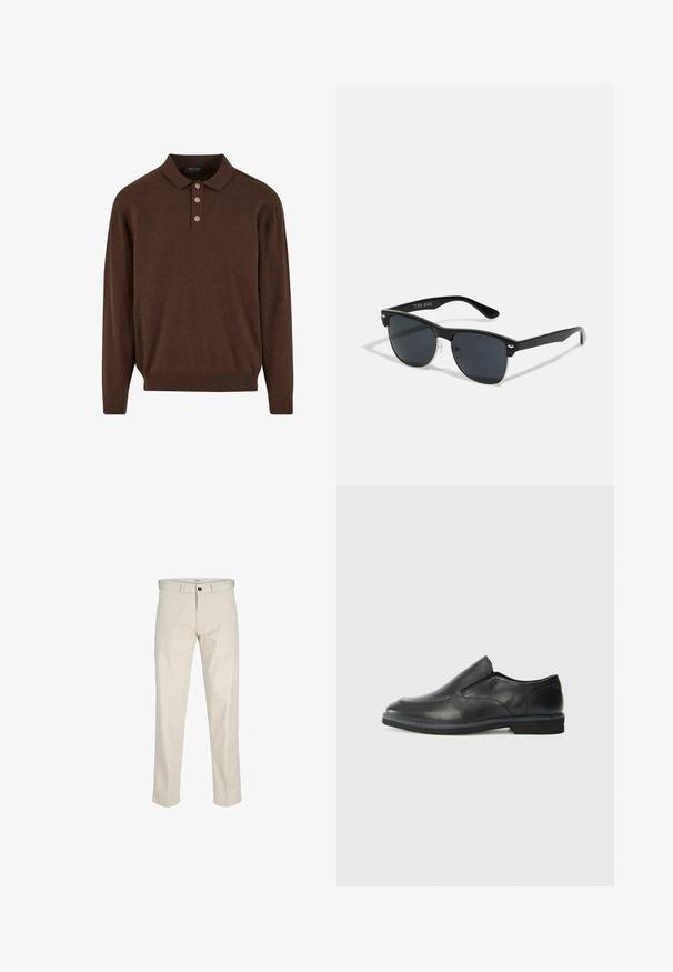 Barna, hosszú ujjú polo pulóver, bordás szegéllyel és mandzsettával, három gombos plakkal és laza fazonnal.; Beige pamut nadrág, egyenes fazonnal, gombos zipzárral, elülső zsebekkel és varrott varratokkal. Sima textúra, minimális részletezés és minta nélküli.; Fekete bőr, slip-on cipő sima felsőrésszel, varrott díszítéssel, lekerekített orral és alacsony gumitalppal. A talpa minimális bordázattal rendelkezik.; Fekete napszemüveg, téglalap alakú, sötét lencsékkel, ezüst részletekkel a szárakon, és matt felülettel a kereten.