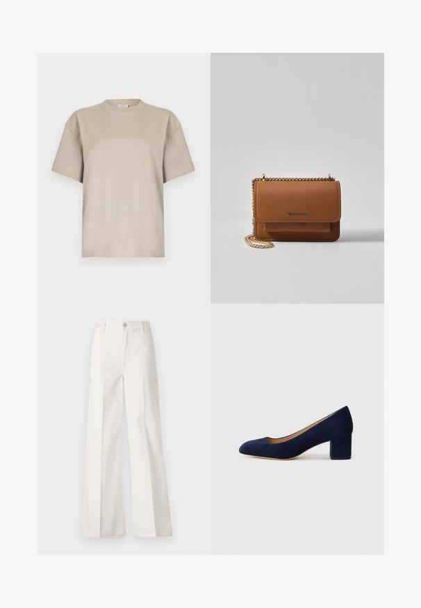 Beige Baumwoll-T-Shirt mit Rundhalsausschnitt, kurzen Ärmeln und legerem Schnitt. Glatte Textur, minimalistisches Design, keine Muster oder Akzente.; Weiße weite Hosen aus Baumwolle mit glatter Textur. Sie verfügen über einen vorderen Knopf, einen Reißverschluss und ein Design mit vier Taschen.; Marineblaue Wildleder-Pumps mit spitzem Zehenbereich und einem mittelhohen Blockabsatz. Glatte Textur mit einem subtilen Glanz und einem kleinen Ausschnitt an der Vorderseite.; Braune strukturierte Ledertasche mit goldener Kettenriemen und Klappenverschluss. Die Vorderseite zeigt ein Logo-Detail und eine Tasche unter der Klappe.