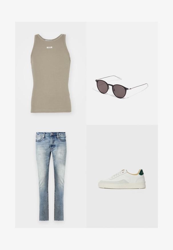Khakifarbenes Racerback-Tanktop aus dehnbarem Baumwollmaterial mit gerippter Textur; mit einem weißen "MSGM"-Logo im Brustbereich.; Helle blaue Denim-Jeans mit einem ausgewaschenen Finish, schlankem Schnitt, fünf Taschen und kontrastierenden Nähten an den Nähten.; Weiße Sneaker mit Wildlederelementen, runder Zehenpartie, flachen Schnürsenkeln und einer cremefarbenen Gummisohle. Mit grünen Markenlogo am Fersenbereich.; Schwarze runde Sonnenbrille mit dunklen Gläsern und schlanken Metallbügeln. Enthält klare Tempelspitzen und silberne Akzente am Scharnier. Minimalistisches Design.
