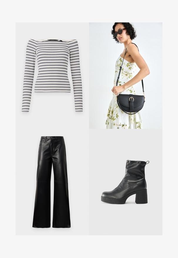 Pruhované tričko s dlhým rukávom a priliehajúcim strihom. Biele pozadie s námorníckymi horizontálnymi pruhmi. Mäkko rebrovaná textúra a výstrih s odhalenými ramenami.; Čierne vysokopriestené široké nohavice z umelého kože s predným gombíkom, zipsom, pútkami na opasok a bočnými vreckami na bielom pozadí.; Čierne členkové topánky z hladkej kože, so bočným zipsom, robustnou textúrovanou pätnou časťou a zaobleným dizajnom špičky.; Čierna kožená kabelka s zaobleným tvarom, odnímateľným popruhom a zlatými doplnkami. Kabelka má klopu s detailom s prackou.