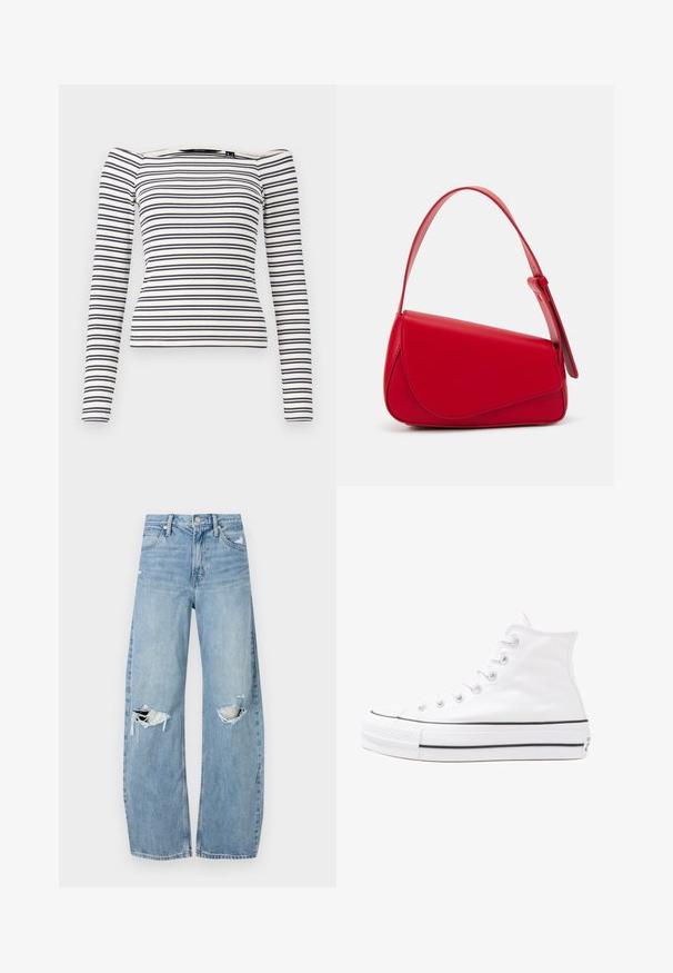 Striped long-sleeve top with a fitted design. White base with navy horizontal stripes. Soft ribbed texture and off-the-shoulder neckline.; Light blue, high-waisted jeans made of denim. Feature wide legs, two torn knee areas, and classic five-pocket styling.; White high-top canvas sneaker with black rubber sole, front rubber toe cap, and six eyelets for laces, featuring a clean, minimalist design.; Red leather handbag with an angular, geometric design. Features a single adjustable strap and a flap closure with stitched detailing.