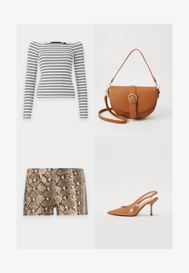 Svītrains garajumala tops ar pieguļošu siluetu. Balts fons ar tumši ziliem horizontāliem svītrām. Mīksta ribota tekstūra un bez pleciem veidota dekoltē.; Brūni un bēši čūsku raksta šorti, izgatavoti no teksturēta materiāla, ar pieguļošu dizainu un gludu apdari, redzamām šuvēm.; Izteikts pirksta siksnas zābaks, izgatavots no gludas, spīdīgas brūnas materiāla. Piedāvā izliekta izgriezuma dizainu un smalku stiletto papēdi. Sudraba sprādze.; Brūns ādas plecu soma ar izliekta formu, zelta piederumiem un sprādzes akcentu. Iesaiņota ar noņemamu plecu siksnu.