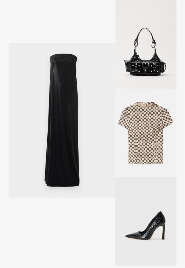Beige short-sleeve shirt with all-over black gothic-style "M" pattern and a round neckline labeled MISBHV.; Black strapless maxi dress made of smooth, shiny fabric. Features a fitted bodice and flowing silhouette, reaching the floor without embellishments.; Black pointed-toe high heel shoe with a crocodile-skin texture, featuring a sleek design, high stiletto heel, and smooth black interior.; Black leather handbag with a curved design, featuring silver studs, a buckle, and two side pockets. Adjustable strap for carrying options.