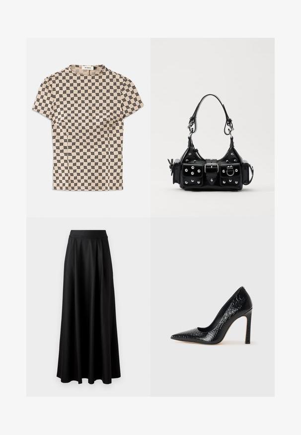 Cămașă bej cu mânecă scurtă, cu un model gotic alb-negru de tip "M" pe toată suprafața și guler rotund, etichetată MISBHV.; Fustă neagră, până la podea, cu o textură netedă, talie lată și design plisat, fără modele vizibile sau embellismente.; Pantofii cu toc înalt, ascuțiți, de culoare neagră, cu textură de piele de crocodil, având un design elegant, toc în stil stiletto și interior neted de culoare neagră.; Geantă de piele neagră cu un design curbat, dotată cu studuri argintii, o cataramă și două buzunare laterale. Curea ajustabilă pentru opțiuni de transport.