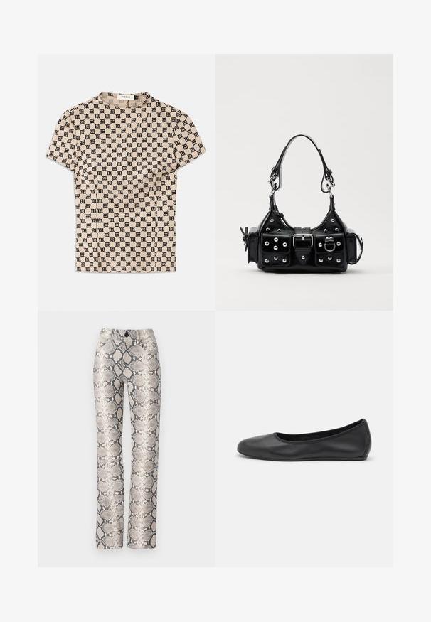 Beige shirt met korte mouwen, bedrukt met een zwart gothic-stijl "M" patroon en een ronde halslijn, gelabeld MISBHV.; Slangenprint broek in een beige en grijze kleurstelling. Rechte pijp design met een gestructureerde afwerking en voorzakken. Beschikt over een knoopsluiting.; Zwarte leren ballerina met een ronde neus, gladde textuur, minimale stikdetails en een flexibele zoolontwerp.; Zwarte lederen handtas met een gebogen ontwerp, voorzien van zilveren studs, een gesp en twee zijvakken. Verstelbare schouderband voor verschillende draagmogelijkheden.