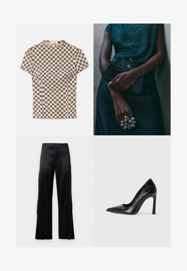 Beige kortærmet skjorte med sort gotisk stil "M" mønster over det hele og rund hals, mærket MISBHV.; Sorte satinbukser med brede ben, der har frynse detaljer langs sidesømmen og en flad front talje. Ensfarvet bag uden lommer.; Sorte spidse tå stiletto-sko i krokodilleskind med et strømlinet design, høj hæl og glat sort inderside.; Sorte clutchtaske med krokodillemønster og sølvhardware, holdt mod en tekstureret grå baggrund. Har en blank overflade.