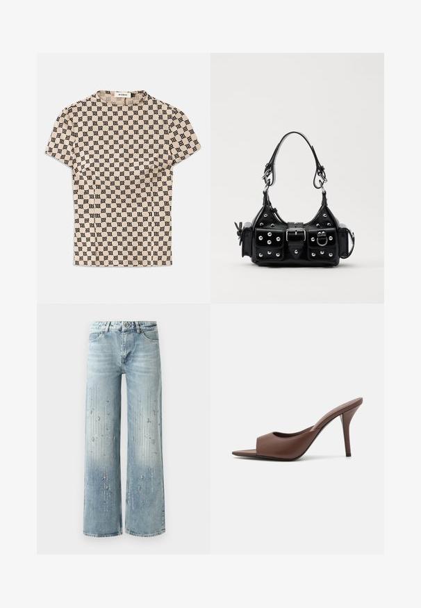 Beige shirt met korte mouwen, bedrukt met een zwart gothic-stijl "M" patroon en een ronde halslijn, gelabeld MISBHV.; Lichtblauwe wijde spijkerbroek van denim, met een kleurverloop en versieringen van zilverkleurige strassstenen in een verticaal patroon.; Bruine leren open-teen hoge hak muiltjes met een slank ontwerp, voorzien van een brede voorkruistrap en een slanke stiletto hiel.; Zwarte lederen handtas met een gebogen ontwerp, voorzien van zilveren studs, een gesp en twee zijvakken. Verstelbare schouderband voor verschillende draagmogelijkheden.