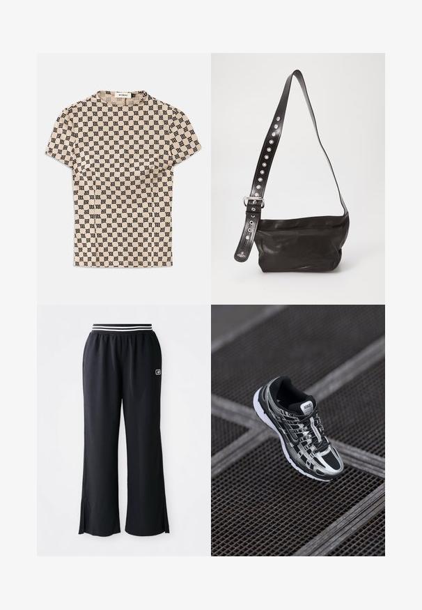 Bež lühikeste varrukatega särk, millel on must gothic-stiilis "M" muster üle kogu pinna ja ümmargune krae, millel on silt MISBHV.; Mustad sportpüksid laia sääre disainiga, elastse vöökoha, kus on mustad ja valged triibud, ning külgslõikega all ääres.; Nike jooksutossud musta ja hõbedase värvigammaga, võrkmaterjalist pealts, tekstuuriga tallad ja kindla istumise tagav paeltesüsteem.; Must mustast kaelusega nahkristuskolmas kott, millel on tekstuuriga viimistlus ja lai reguleeritav rihm, kaunistatud hõbedaste nupudega ja metallist pandlaga.