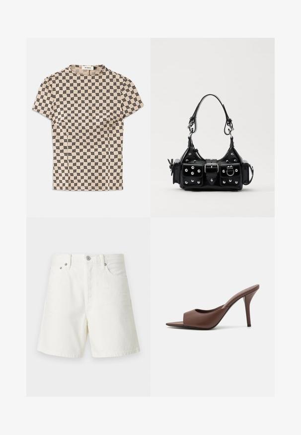 Vaaleanbeige lyhythihainen paita, jossa on musta goottityylinen "M" -kuviointi koko paidan pinnalla ja pyöreä pääntie. Merkitty MISBHV.; Valkoiset farkkushortsit suoralinjaisella leikkauksella, viiden taskun muotoilulla, edessä napituksella, hopeisilla yksityiskohdilla ja ommelluilla yksityiskohdilla.; Ruskean nahkakengät, joissa on avonainen varvas, korkea kanta ja tyylikäs muotoilu. Kengissä on leveä etuhihna ja hoikka stiletto-korko.; Musta nahkainen käsilaukku, jossa on kaareva muotoilu, hopeiset niitit, solki ja kaksi sivutaskua. Säädettävä olkahihna erilaisiin kantovaihtoehtoihin.