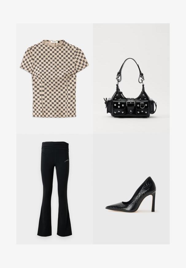 Beige short-sleeve shirt with all-over black gothic-style "M" pattern and a round neckline labeled MISBHV.; Black flared yoga pants with a ruched waistband and small white logo on upper thigh, displayed against a plain white background.; Black pointed-toe high heel shoe with a crocodile-skin texture, featuring a sleek design, high stiletto heel, and smooth black interior.; Black leather handbag with a curved design, featuring silver studs, a buckle, and two side pockets. Adjustable strap for carrying options.