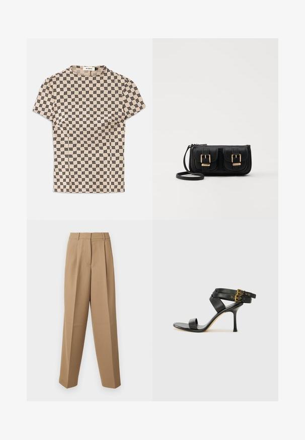 Beige rövid ujjú ing, fekete gótikus stílusú "M" mintázattal, környakú, MISBHV felirattal.; Beige színű, magas derekú, plissézett elejű és széles szárú, testre szabott nadrág. Az anyag sima tapintású, enyhe fénylő hatással.; Fekete magassarkú szandál keresztpántos dizájnnal és állítható csattal. Simább felülettel és hegyes tűsarkúval rendelkezik.; Fekete bőr keresztbody táska két elülső zsebbel, arany csattokkal, cipzáras záródással és vékony pánttal. Textúrált felület és kompakt téglalap alak.