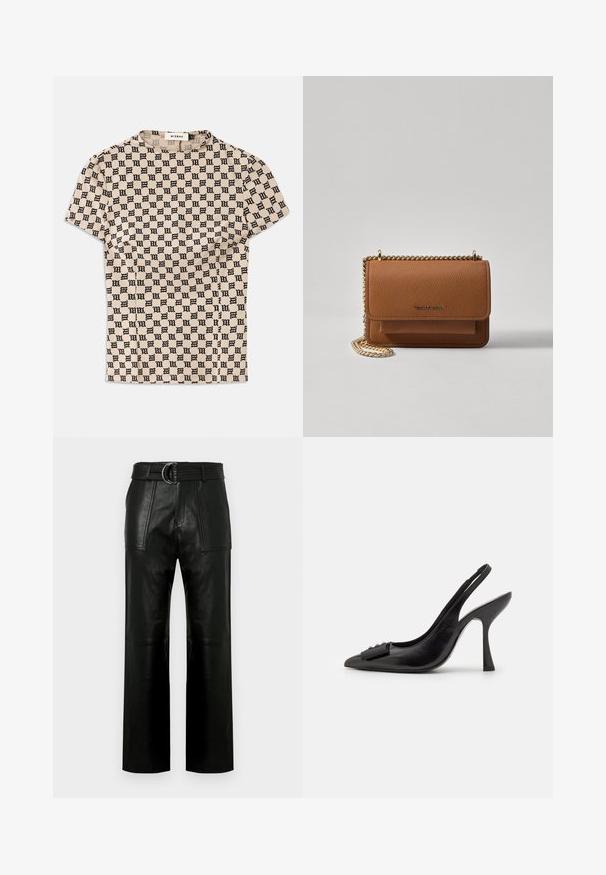 Cămașă bej cu mânecă scurtă, cu un model gotic alb-negru de tip "M" pe toată suprafața și guler rotund, etichetată MISBHV.; Pantaloni din piele neagră cu talie înaltă, cu picioare largi, buzunare frontale mari și un brâu asortat cu cataramă cu dublu inel.; Pantofii slingback din piele neagră, cu vârf ascuțit, toc subțire și un accent decorativ sub formă de fundiță. Textură netedă și design elegant.; Geantă crossbody din piele texturată maro, cu curea din lanț aurit și închidere cu clapetă. Partea din față prezintă detalii cu logo și o buzunar sub clapetă.