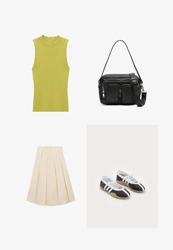 Sleeveless, ribbed knit top in light green, featuring a high round neckline and fitted silhouette. Smooth texture with side seam detailing.; Pleated skirt in cream-colored fabric; features soft texture, mid-length design, and symmetrical pleats extending from the waistband to the hem.; Black and white athletic shoes with a sleek design, rubber sole, lace-up closure, and three white stripes on the sides.; Black leather crossbody bag with two front zip pockets, a structured shape, adjustable strap, and textured surface.