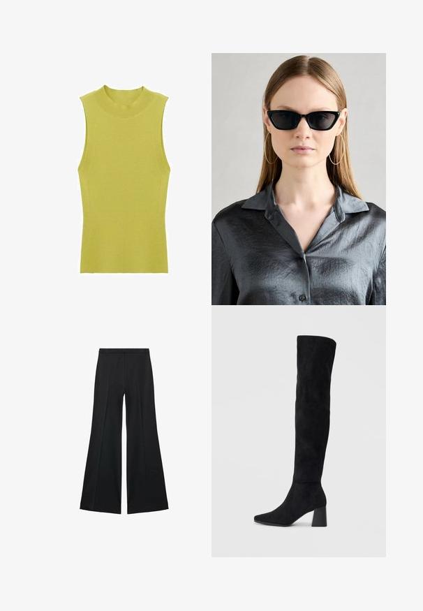 Mekani bez rukava, pleteni top u svijetlozelenoj boji, s visokim okruglim izrezom i prilagođenim siluetom. Glatka tekstura s detaljima sa strane.; Crne široke hlače s glatkom teksturom, koje imaju prednje nabore i kroj po mjeri. Tkanina je lagana i lepršava.; Crne antilop čizme do koljena s blok potpeticom, šiljastim prstom i glatkim, bešavnim dizajnom na običnoj svijetloj pozadini.; Crne sunčane naočale u obliku mačjih očiju s sjajnom završnom obradom, nošene uz teksturiranu sivo dugmadastu košulju s ovratnikom. Velike okrugle naušnice su vidljive.