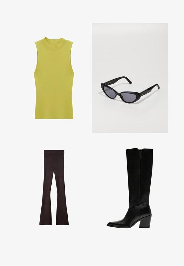 Rukávový, rebrovaný pletený top v svetlozelenej farbe, s vysokým okrúhlym výstrihom a priliehavým strihom. Hladká textura s detailmi po bokoch.; Bershka Nohavice - dark brown; Čierne vysoké čižmy vyrobené z hladkej kože, s ostrou špičkou, blokovým podpätkom a V-čkovým výrezom na vrchu.; Čierne slnečné okuliare v štýle mačacích očí s tmavými sklami. Vyrobené z lesklého plastu, s jemným zlatým akcentom na spánku. Hladký povrch a výrazný tvar.