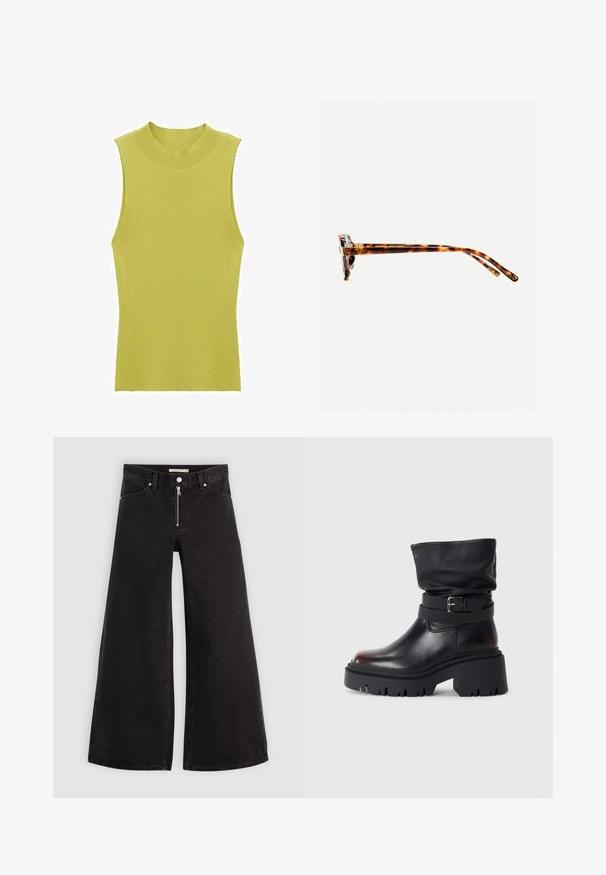 Top fără mâneci, tricotat cu model în benzi, de culoare verde deschis, având un guler rotund înalt și o siluetă ajustată. Textură netedă cu detalii pe cusăturile laterale.; Jeans cu picioare largi din denim negru, cu fermoar în față, design cu cinci buzunare și detalii subtile de cusătură. Textură netedă și stil casual.; Botină din piele neagră, cu un tiv căzut, detaliu cu cataramă și talpă groasă, robustă. Are vârf rotund și textură netedă.; Ochelari de soare cu ramă de țestoasă, cu un cadru gros, temple ușor curbate și textură netedă. Prezintă un design clasic, cu o finisare lucioasă.