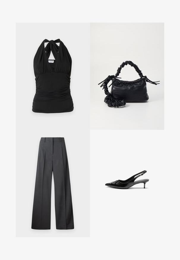 Noisy May NMBELLA HALTERNECK - Topper - black; Vide bukser i mørkegrått stoff med høy livlinje, enkel press, og en glatt tekstur med en ren finish på ermekantene.; Sorte skinnert remsandaler med spiss tå, liten kittenhæl og en dekorativ knute detalj foran. Glatt tekstur gjennom hele.; Svart faux skinn-håndveske med krokodilletekstur, strammet topp og en rynket stropp. Ser myk og kompakt ut i designen.