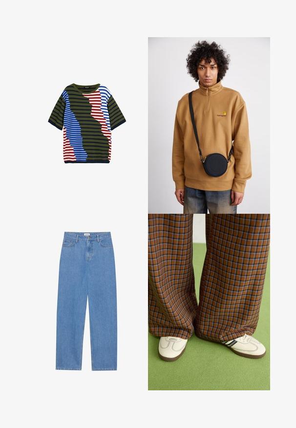 Stribet grøn, rød, blå og hvid t-shirt med korte ærmer og afslappet pasform. Har varierende bredder af vandrette striber og rund halsudskæring.; Lysblå denim jeans med lige pasform, femlommemodel, enkelt knaplukning og diskrete syninger på sømmene.; Brune og blå ternede brede benbukser parret med hvide sko med sorte accenter og strukturerede såler, sat mod en grøn baggrund.; Brun fleece sweatshirt med kvart lynlås og broderet logo, iført en sort rund crossbody taske med lynlås og logodetalje over denim.