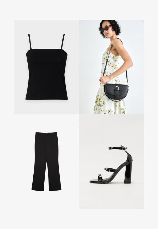 GAP COMPACT TUBE - Top - black; Černé kalhoty s rovným střihem, s předními kapsami a bočními rozparky na lemu. Vyrobené z jemné, hladké tkaniny. Vhodné na různé příležitosti.; Černé lakované sandály na podpatku se čtveratou špičkou, lýtkovými pásky a stříbrnými přezkami. Disponují masivním blokovým podpatkem pro stabilitu.; Černá kožená kabelka s křivkovým tvarem, odnímatelným popruhem a zlatými detaily. Kabelka má klopu s přezkou.