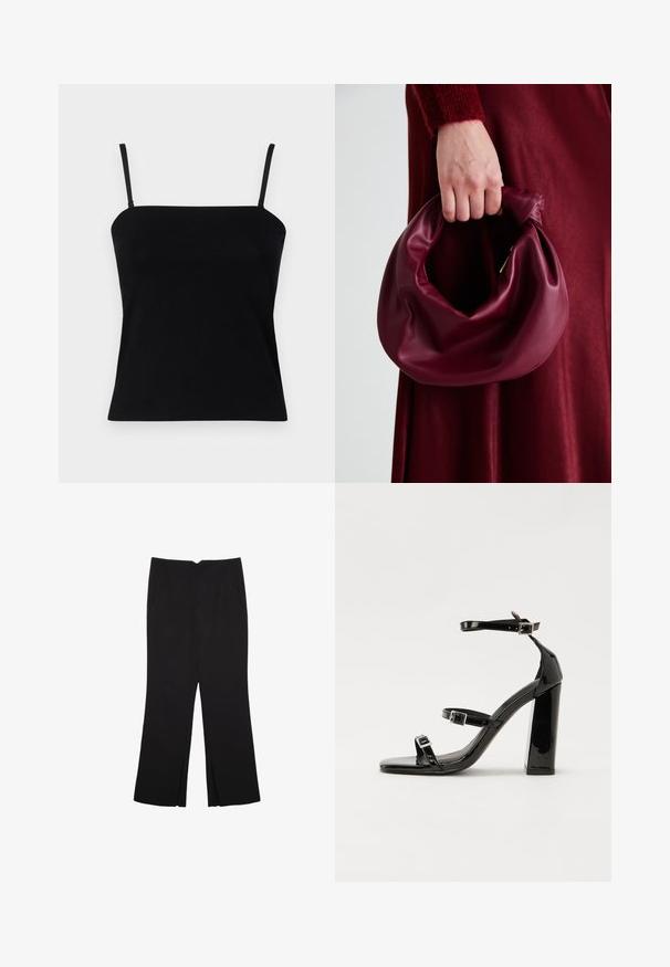 GAP COMPACT TUBE - Top - black; Črne hlače ravnega kroja z naglavnimi žepi in stranskimi razporki na robu. Narejene iz mehke, gladke tkanine. Primerne za različne priložnosti.; Črne lakirane sandale s peto, kvadratnim prstom, trakovi okrog gležnja in srebrnimi zaponkami. Opremljene so s stabilno Debelo peto.; Bordo usnjeni ročni torbici s mehak, nabrana zasnova in okrogla oblika. Ročaj je varen in prikazuje gladko teksturo.