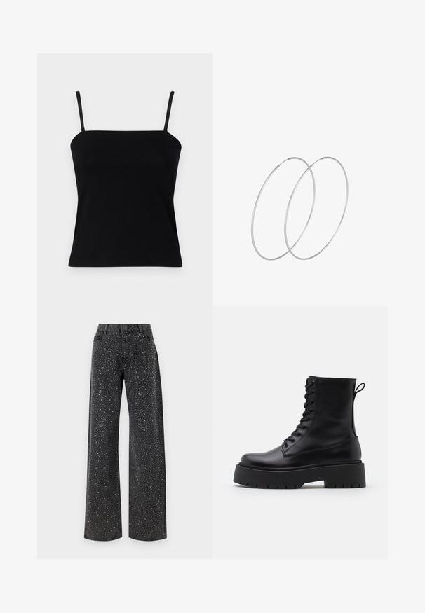 GAP COMPACT TUBE - Tops - black; Noisy May NMJANNEL LOOSE - Brīva piegriezuma džinsi - black denim; Melni ādas potītēm zābaki ar apļveida purngalu, auklām priekšpusē un biezu gumijas zoli ar teksturētu protektoru. Velkšanas cilpa aizmugurē.; Sudraba gredzenveida auskari ar minimālistisku dizainu. Cirkulāra forma, gluda tekstūra un plāns profils. Vieglu svaru ar spīdīgu apdari.