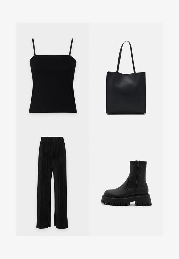 GAP COMPACT TUBE - Top - black; Black pleated trousers with an elastic waistband. Features wide legs and a smooth, textured fabric with vertical stripes.; Black ankle boots made of matte synthetic material, featuring a side zipper, chunky platform sole with serrated edges, and reinforced stitching.; Black leather tote bag with smooth texture, rectangular shape, and two long handles. No visible hardware or embellishments.
